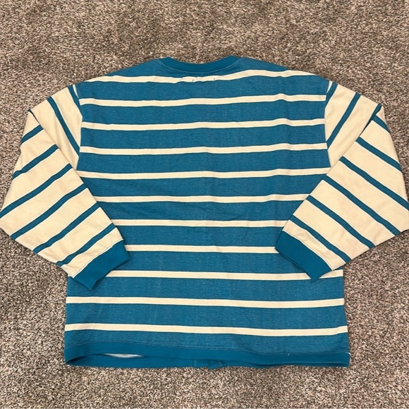 FREE PEOPLE Classic Striped Blue and Cream Sweatshirt Cardigan - Picture 5 of 6